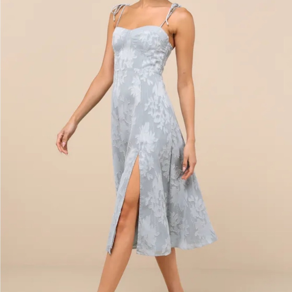Lulu's Light Blue Floral Midi Dress with Front Slit